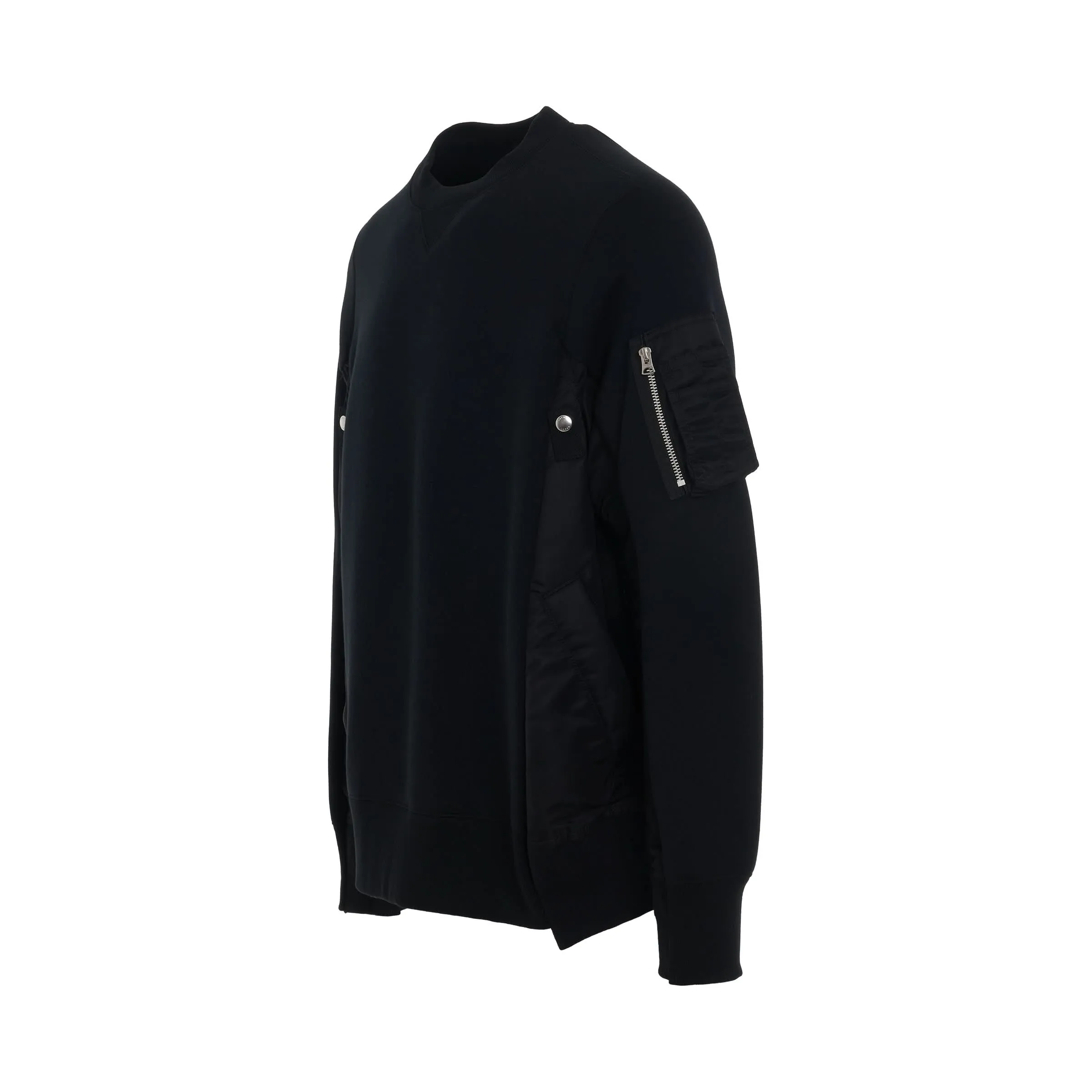 Sponge Knit Sweater x Nylon Twill Pullover in Black