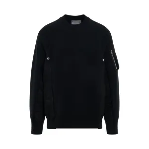 Sponge Knit Sweater x Nylon Twill Pullover in Black