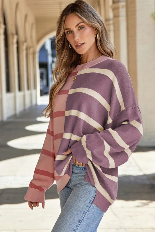 Striped Colorblock Drop Shoulder Sweater