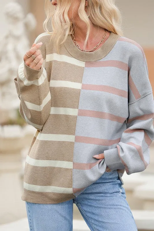 Striped Colorblock Drop Shoulder Sweater