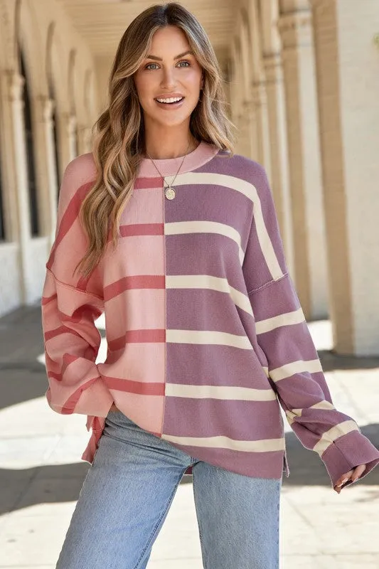 Striped Colorblock Drop Shoulder Sweater