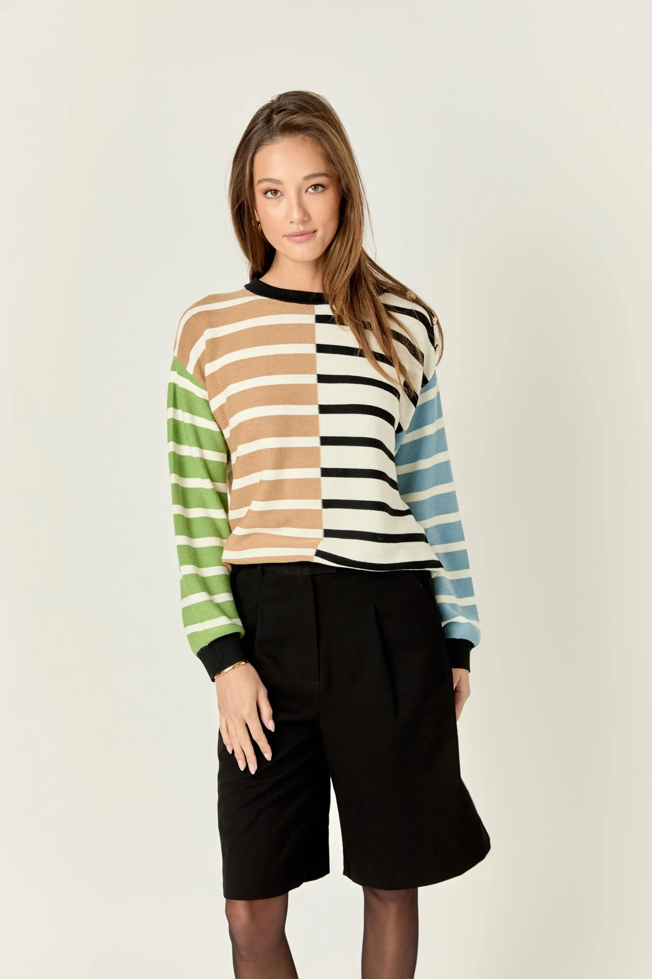 Striped Combo Sweater with Buttons