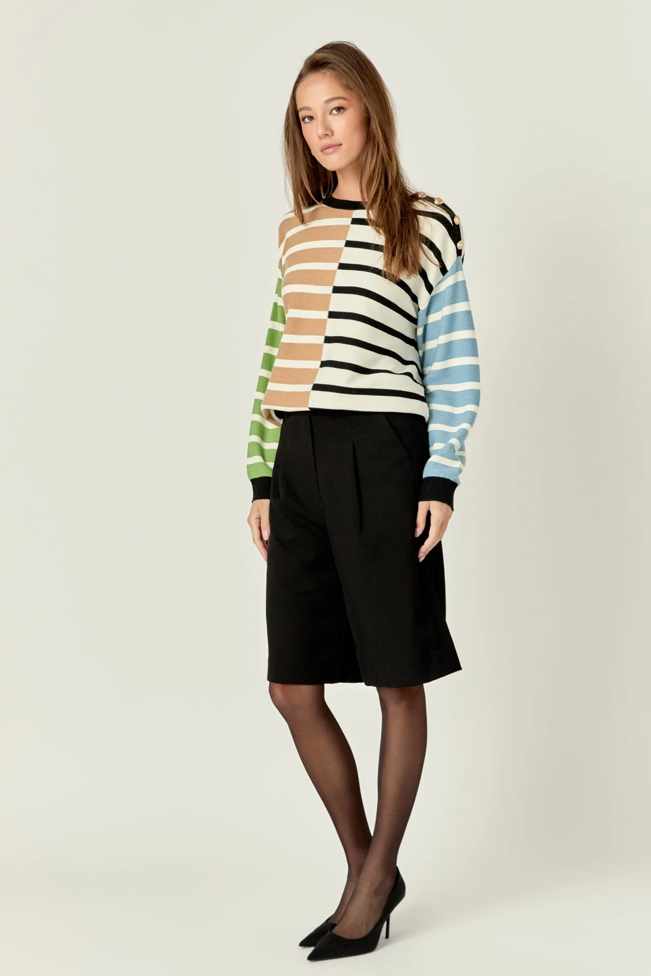 Striped Combo Sweater with Buttons