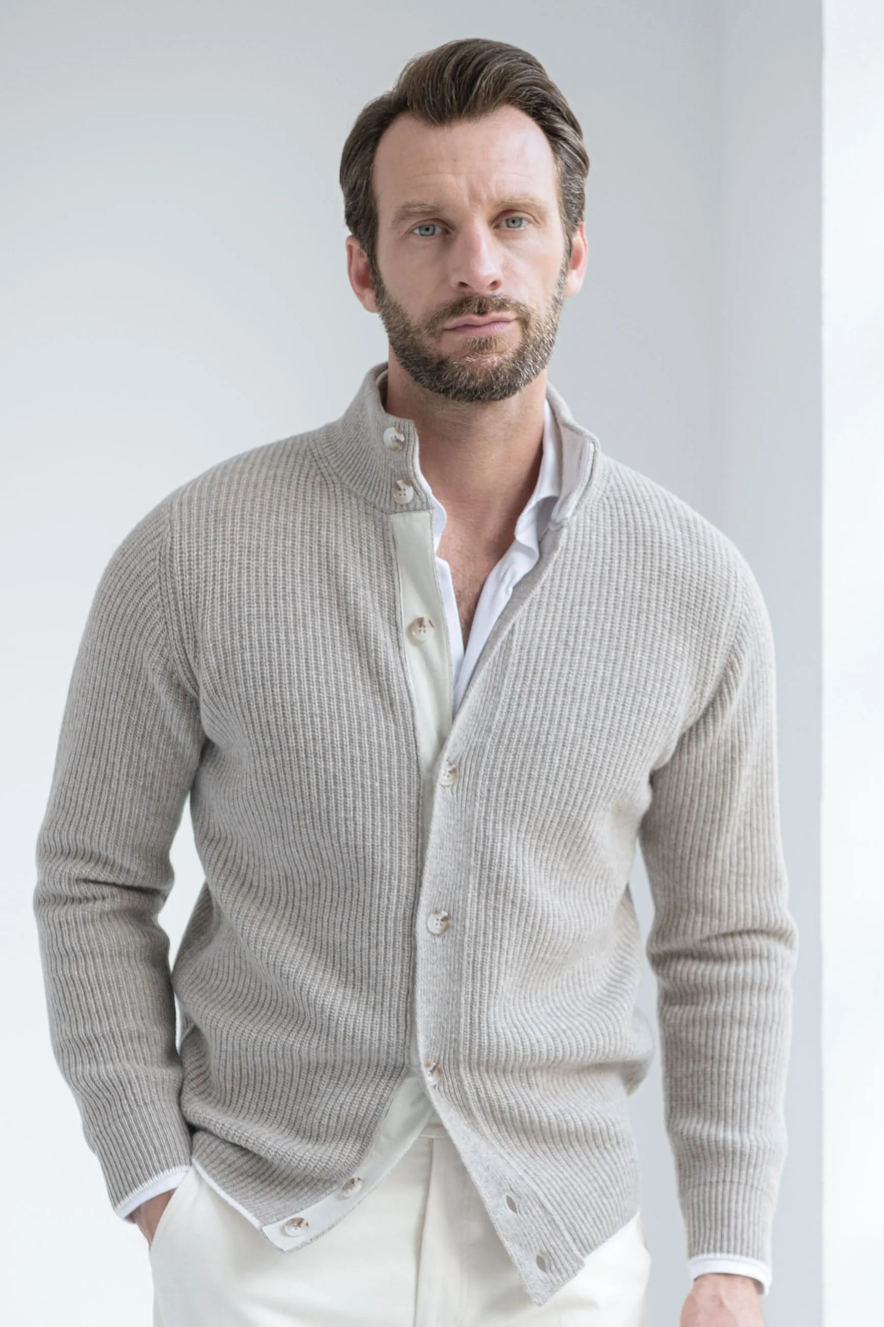 Taupe ribbed cashmere blend cardigan – Made in Italy