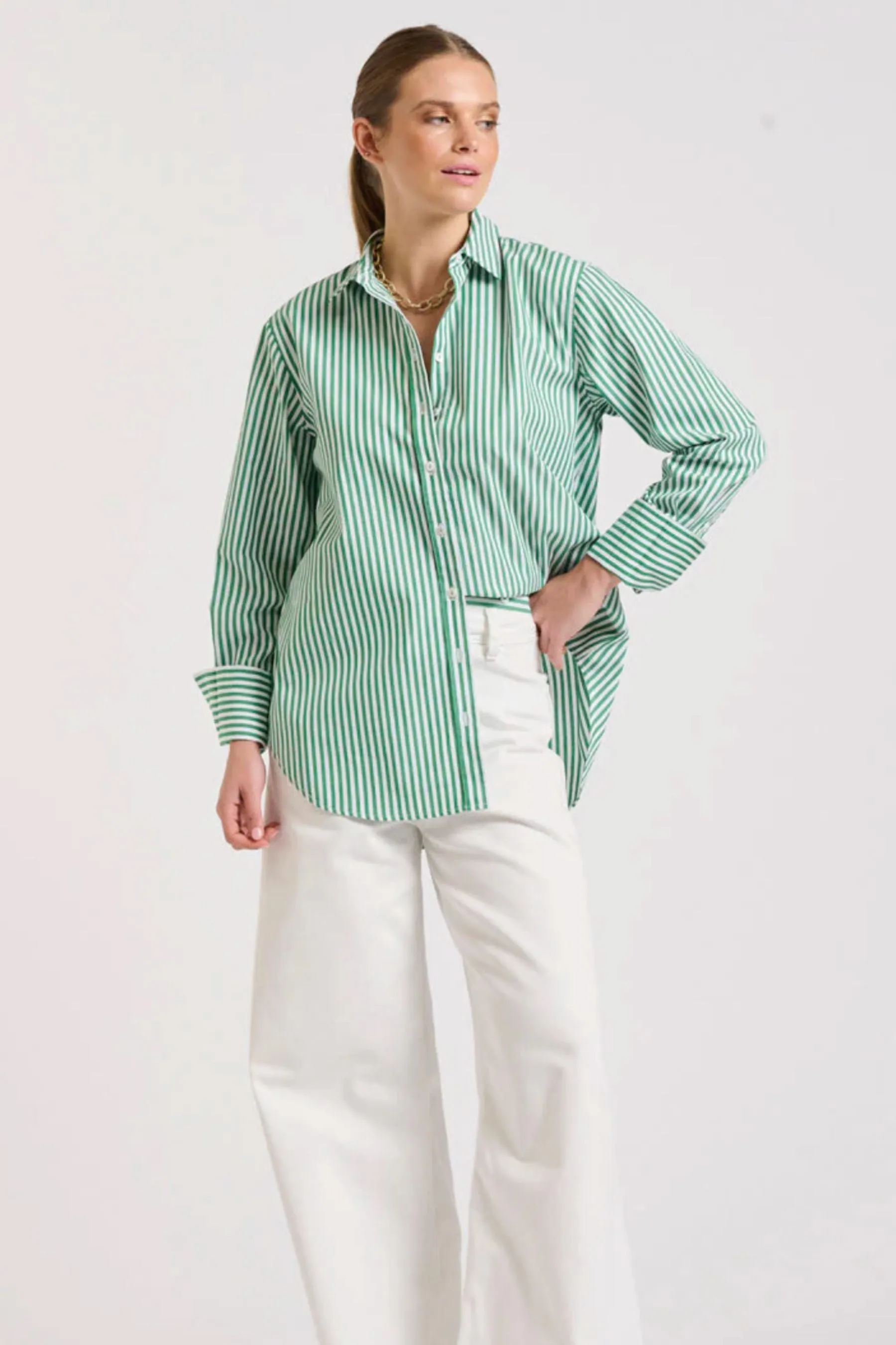 The Elodie Girlfriend Shirt | Green Stripe