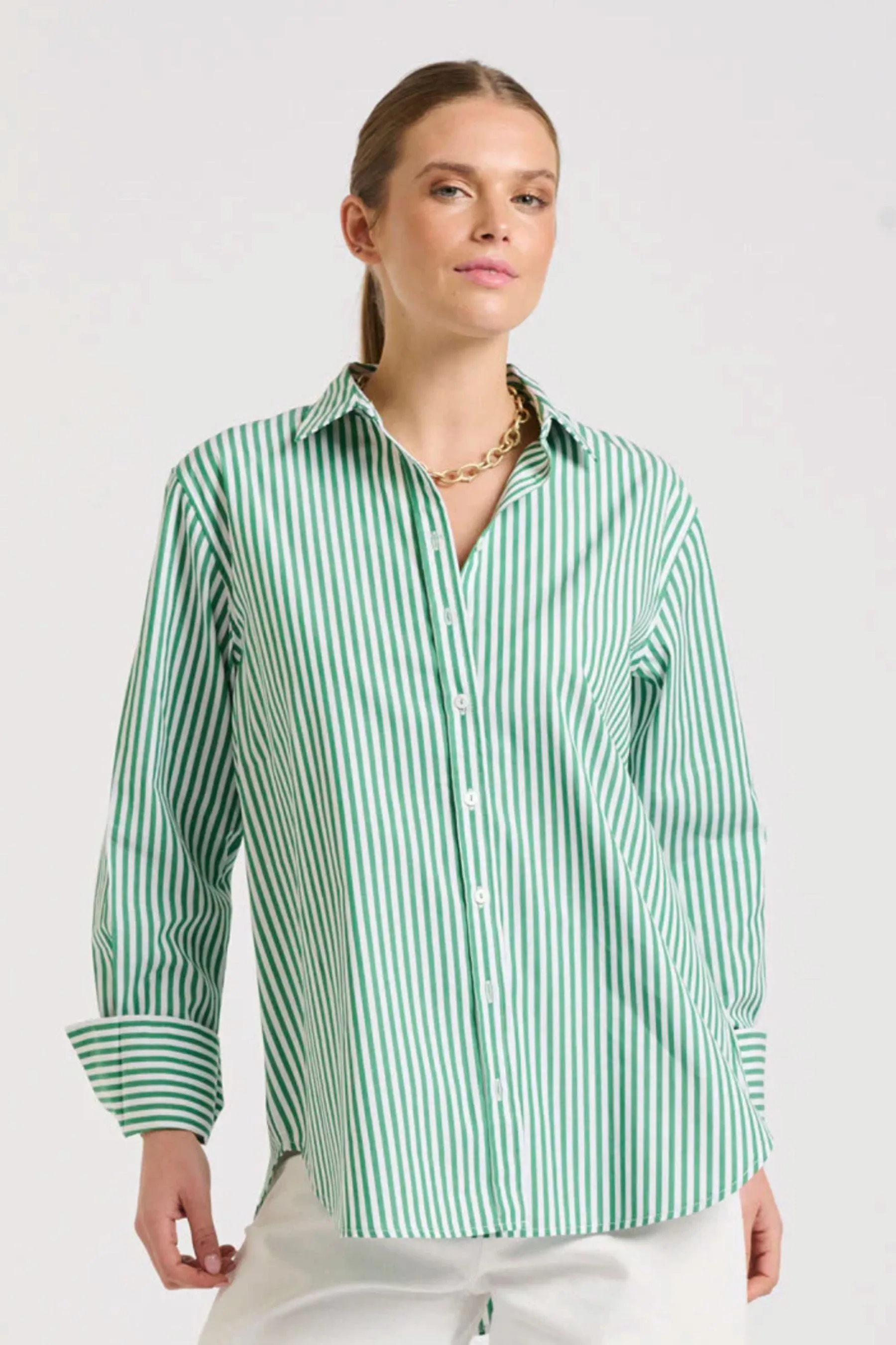 The Elodie Girlfriend Shirt | Green Stripe