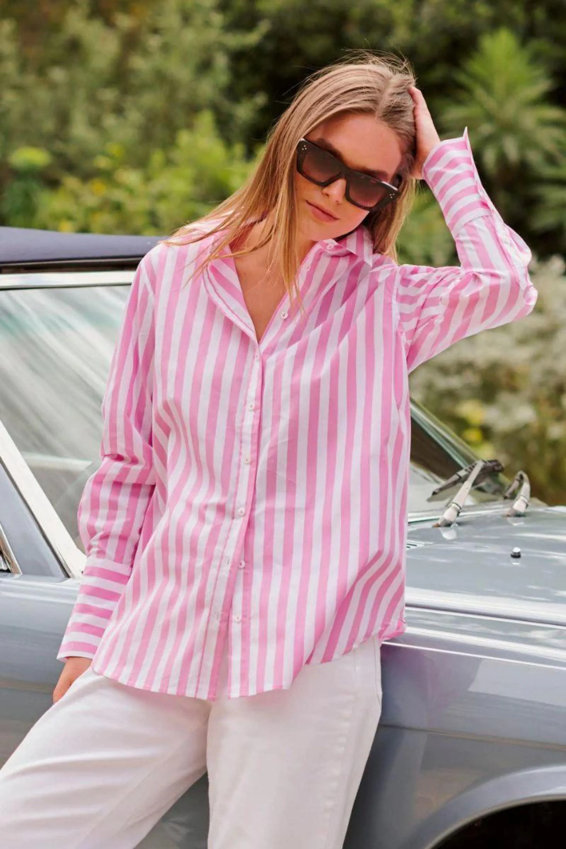 The Elodie Girlfriend Shirt | Pink Wide Stripe