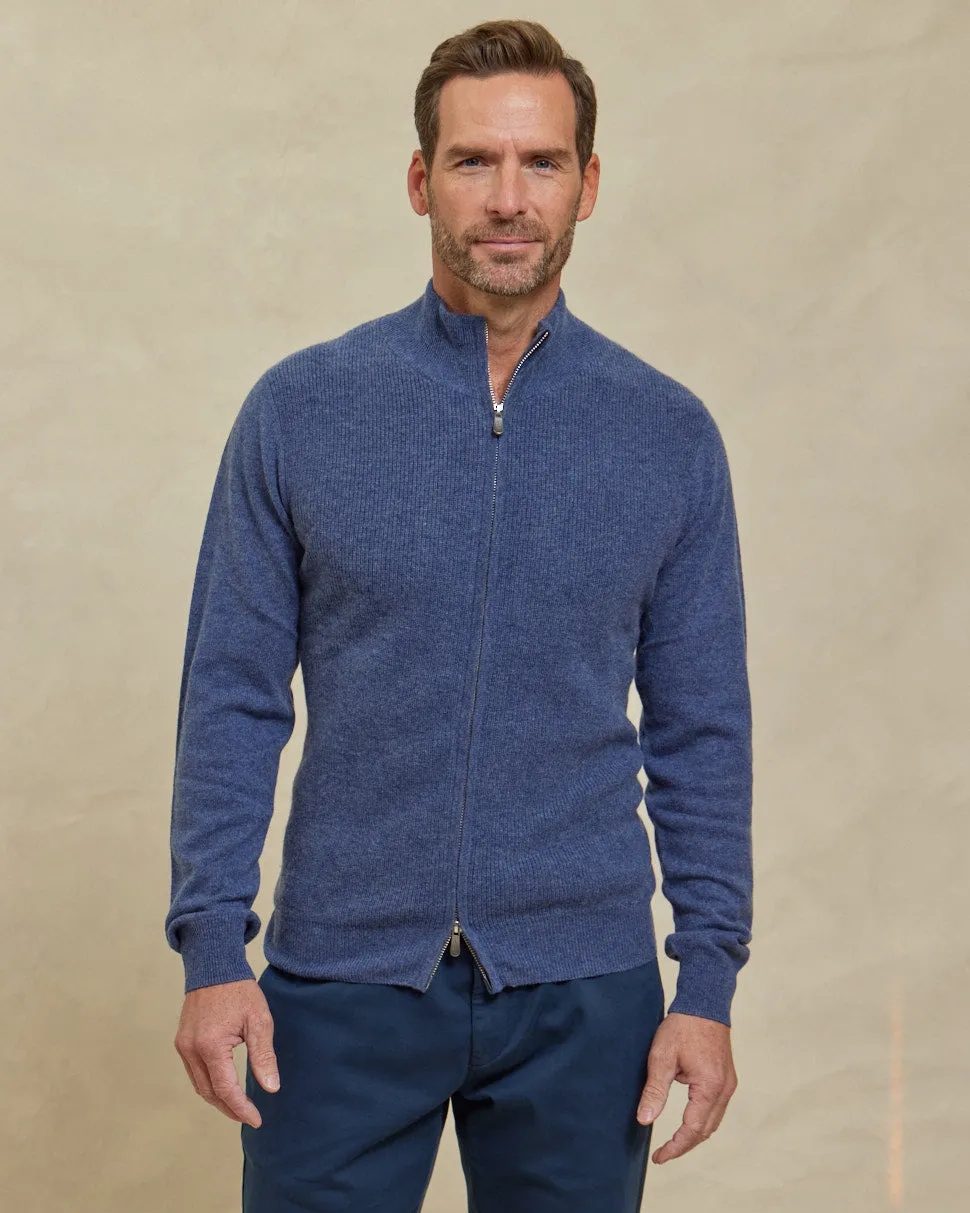 The Frost - Wool/Cashmere Full Zip Rib Knit Sweater - Marled Blue