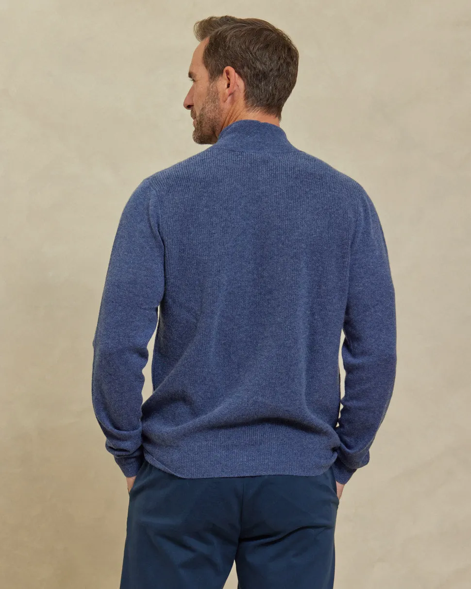 The Frost - Wool/Cashmere Full Zip Rib Knit Sweater - Marled Blue