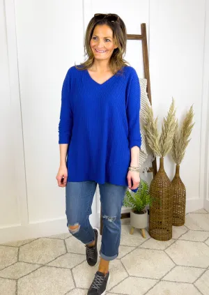 The Lucy Waffle Knit V-Neck Sweater - Royal