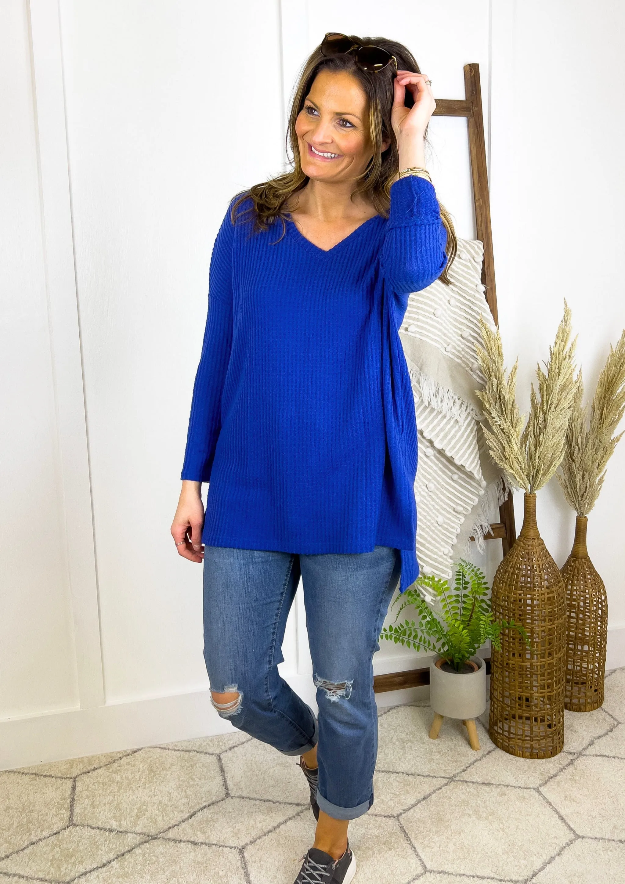 The Lucy Waffle Knit V-Neck Sweater - Royal