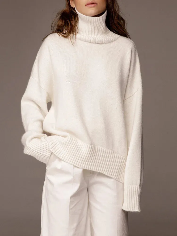 Thick Cozy Oversize Warm White High Neck Knitted Casual Comfortable Sweater