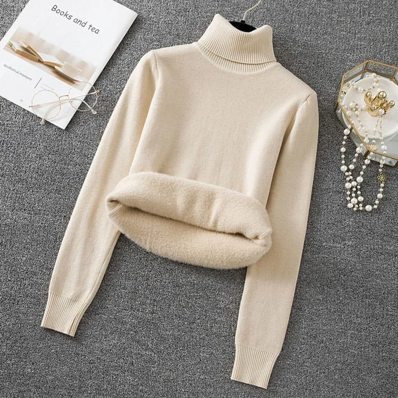 Thick Hairy Women Turtleneck Sweater Winter Black Pullover Knitted Jumper Soft Simple Solid Warm Basic Tops Casual Sweater