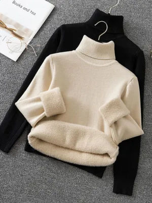 Thick Hairy Women Turtleneck Sweater Winter Black Pullover Knitted Jumper Soft Simple Solid Warm Basic Tops Casual Sweater