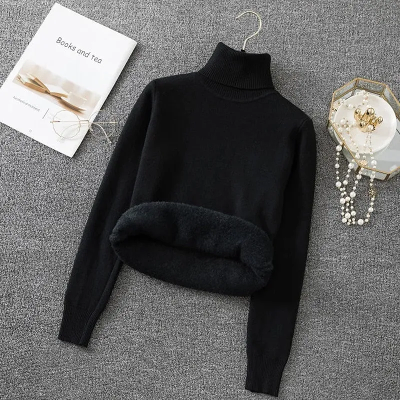 Thick Hairy Women Turtleneck Sweater Winter Black Pullover Knitted Jumper Soft Simple Solid Warm Basic Tops Casual Sweater