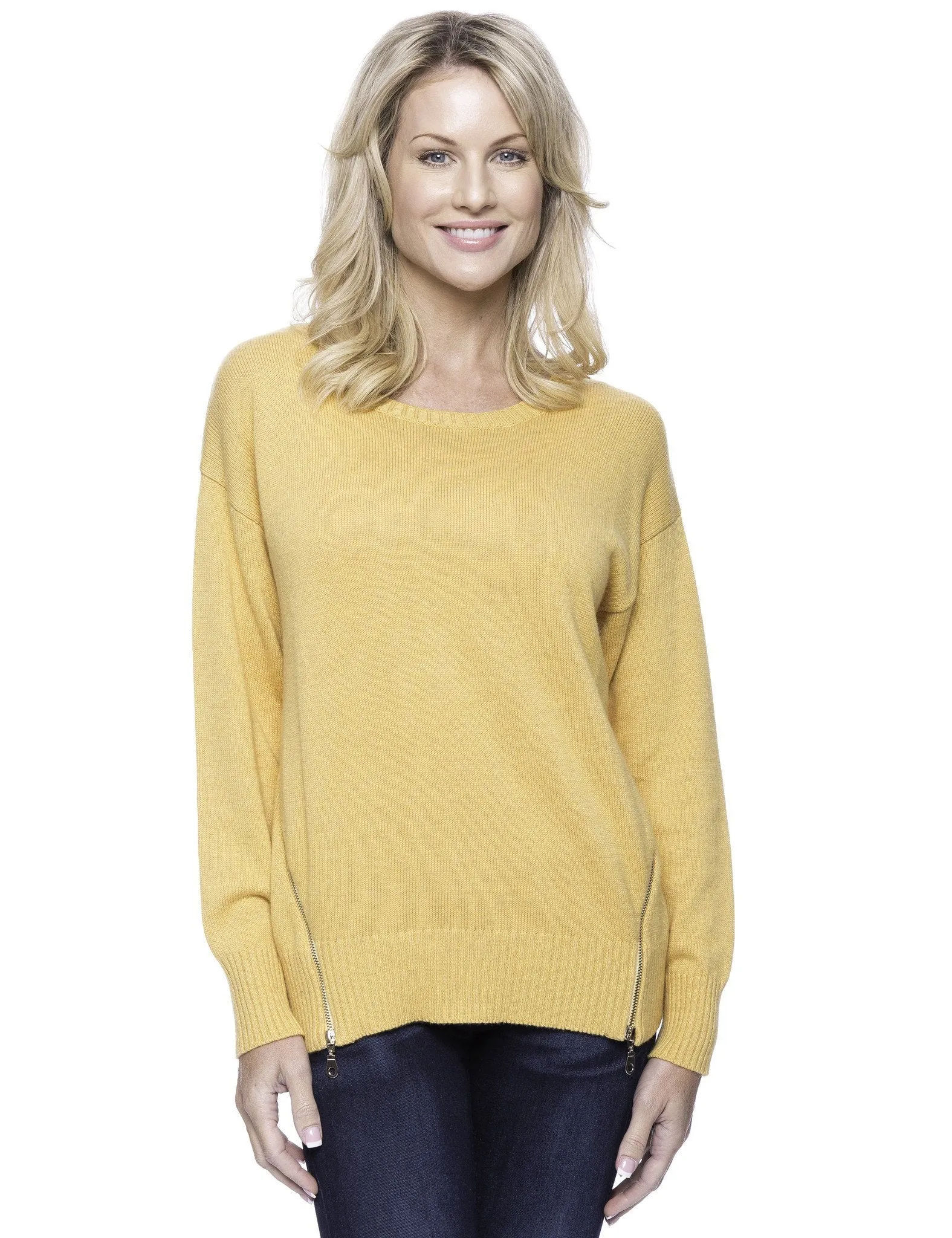 Tocco Reale Women's Cashmere Blend Crew Neck Sweater with Side Zip - Mustard