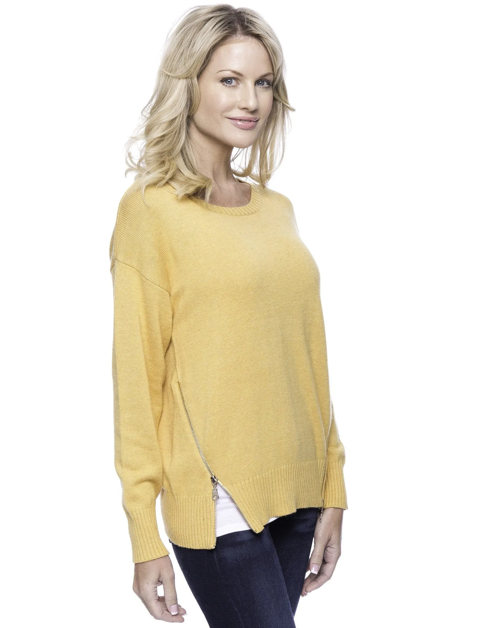 Tocco Reale Women's Cashmere Blend Crew Neck Sweater with Side Zip - Mustard