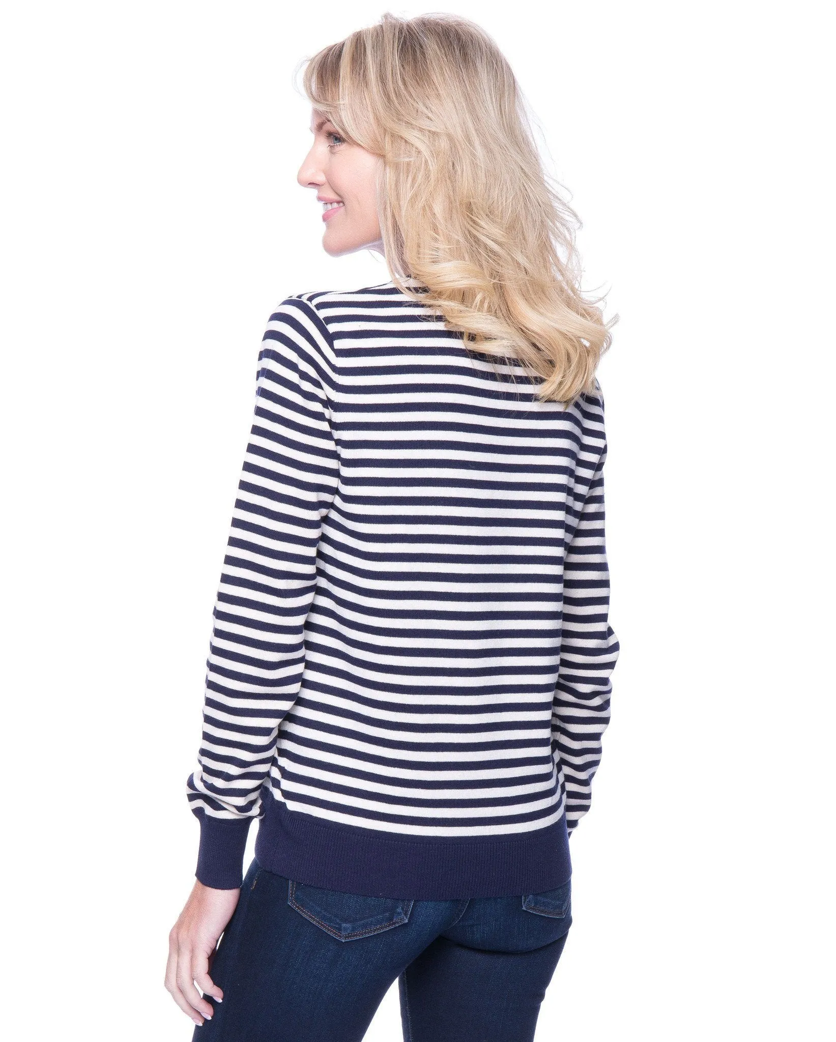 Tocco Reale Women's Premium Cotton Crew Neck Sweater - Stripes Navy/Ivory