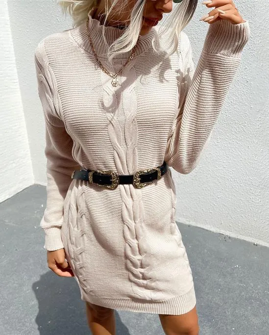 Twisted knit solid half-high neck long-sleeved sweater dress