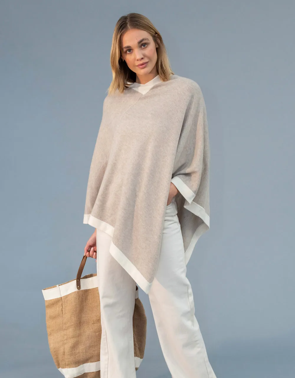 Un-Dyed Contrast Poncho in Stone