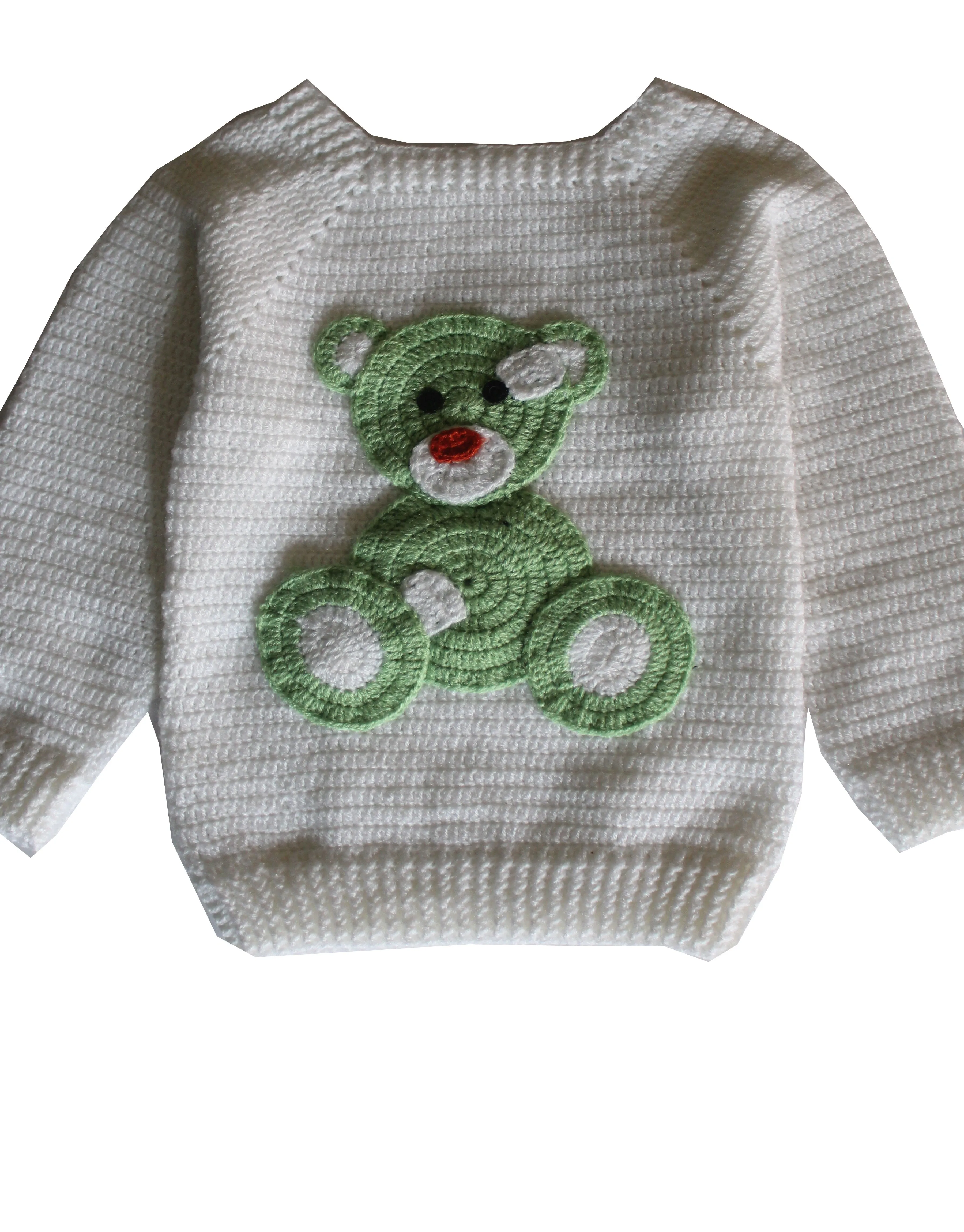 Unique and Beautiful Woollen Teddy Applique Design Handmade Sweater Set - White & Light Green