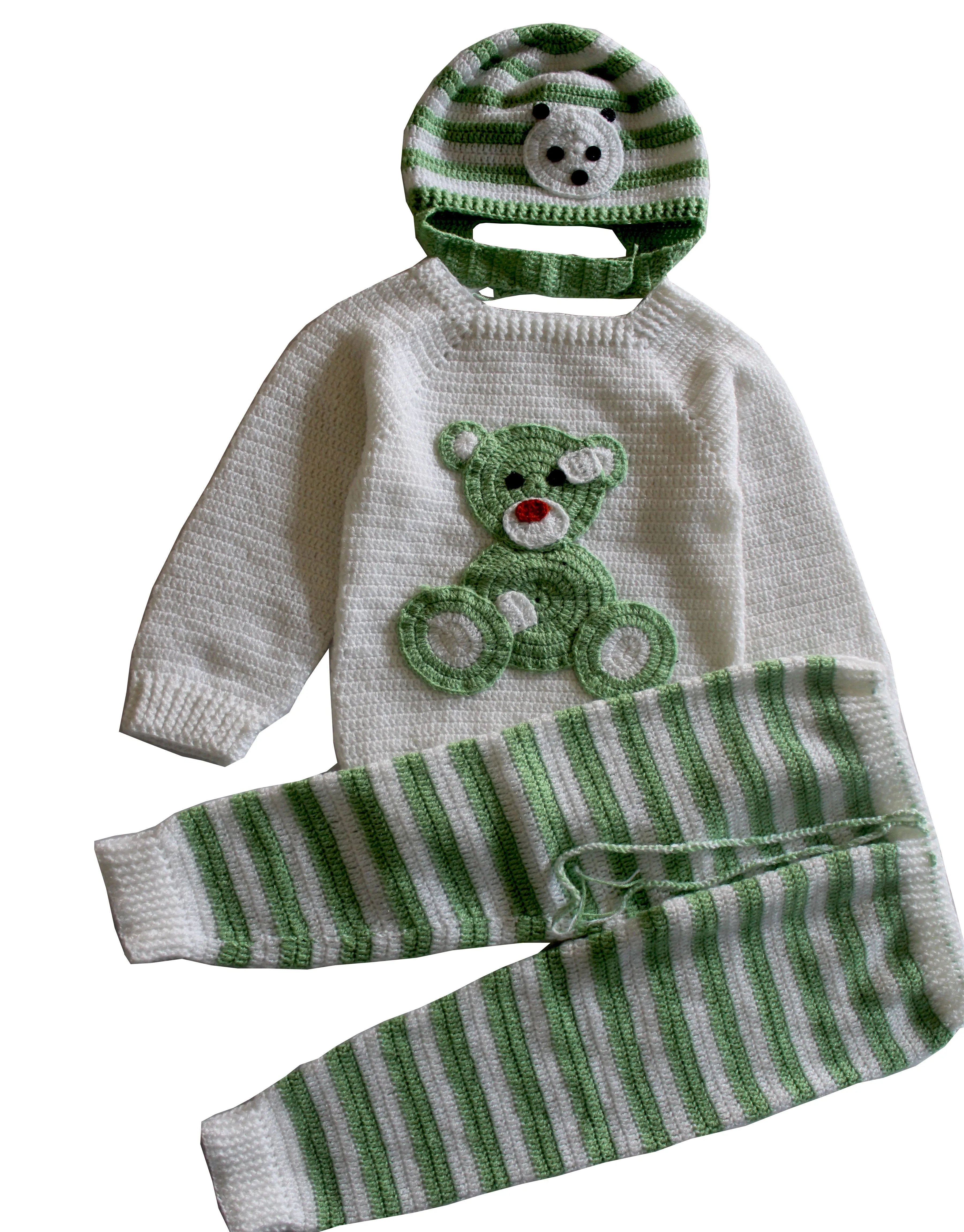 Unique and Beautiful Woollen Teddy Applique Design Handmade Sweater Set - White & Light Green