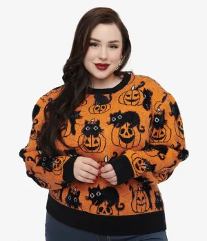 Unique Vintage Plus Size Orange Pumpkin & Black Cat Print Sweater