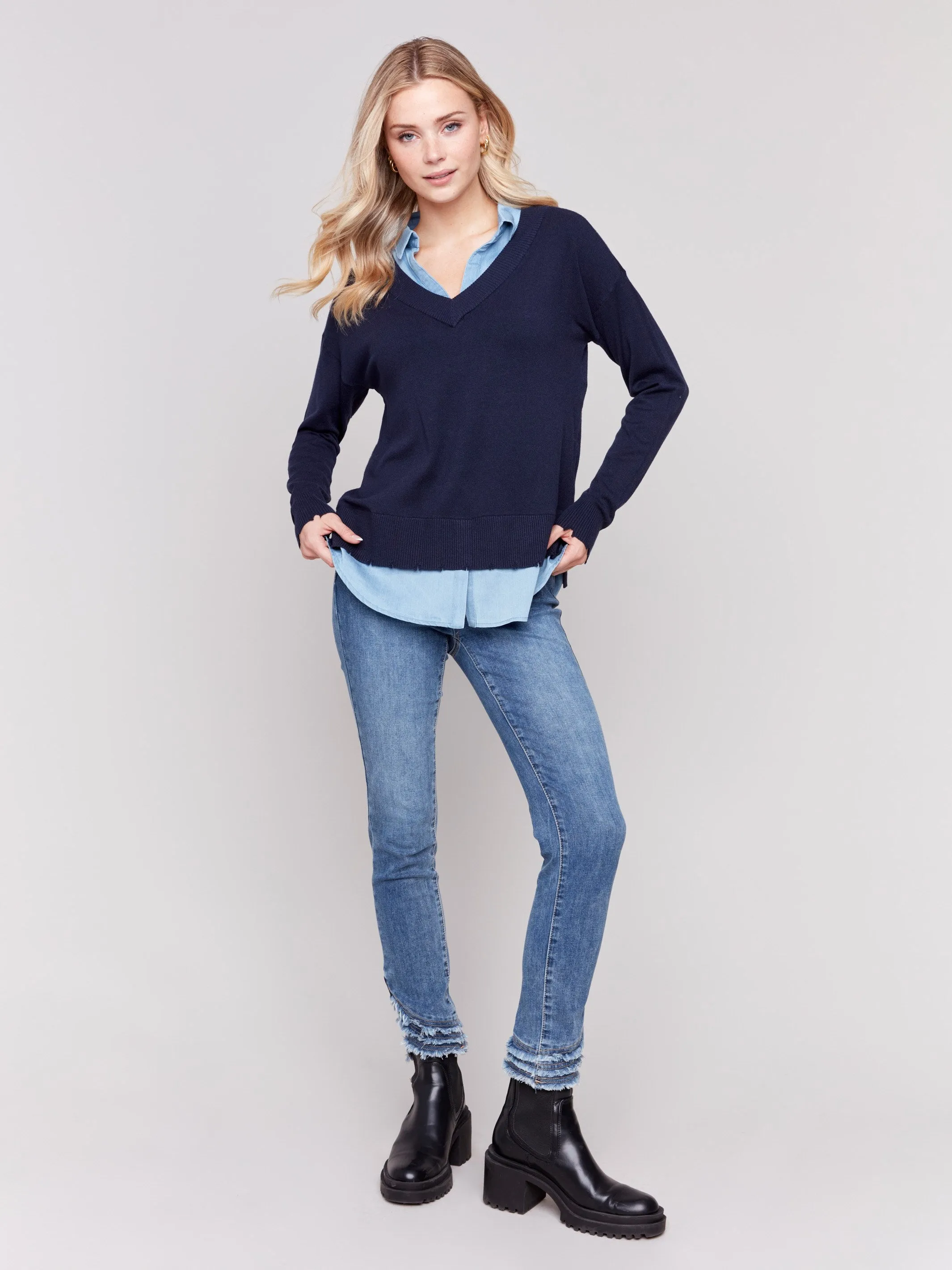 V-Neck Fooler Sweater with Shirt Collar - Navy