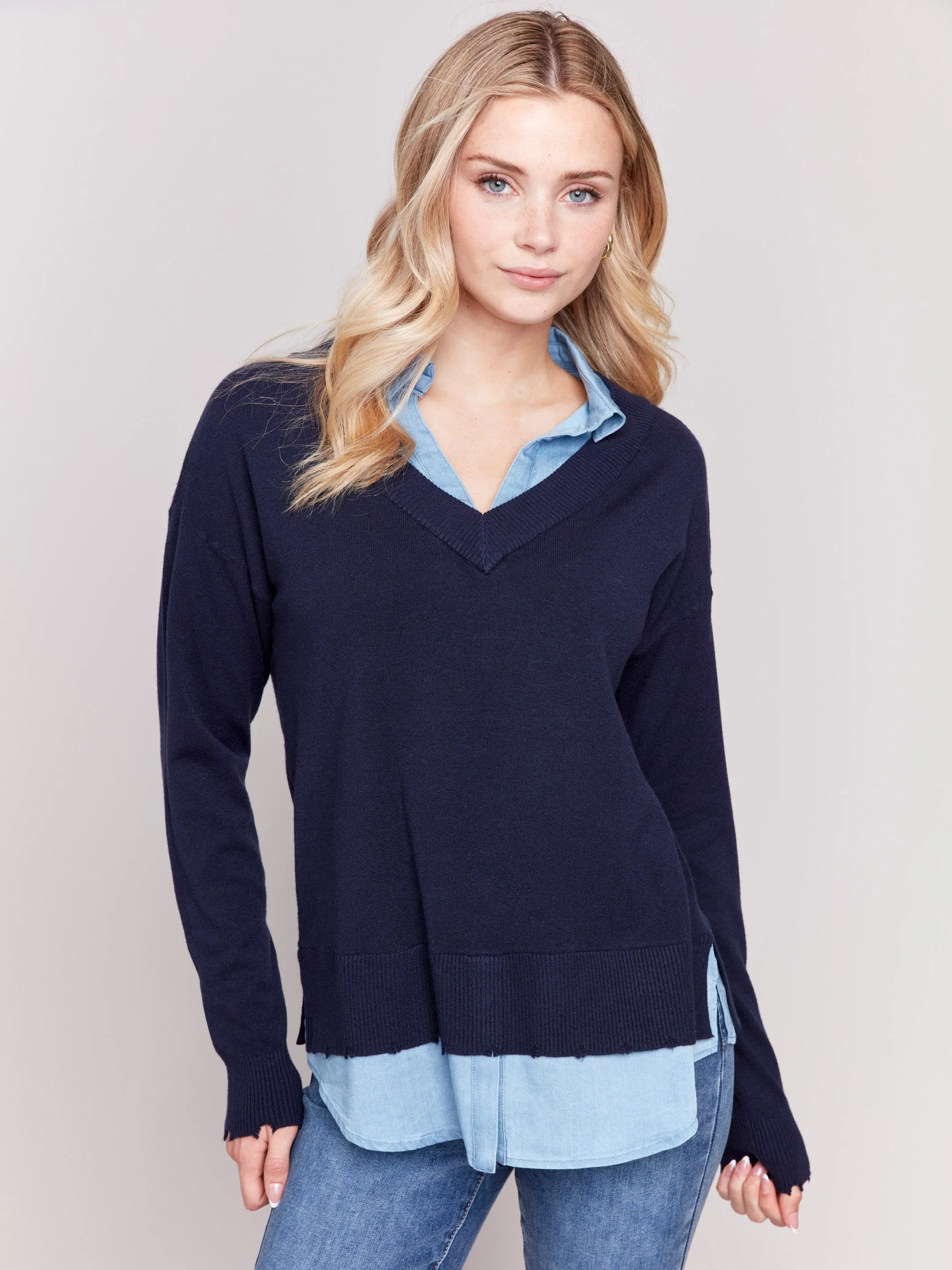 V-Neck Fooler Sweater with Shirt Collar - Navy