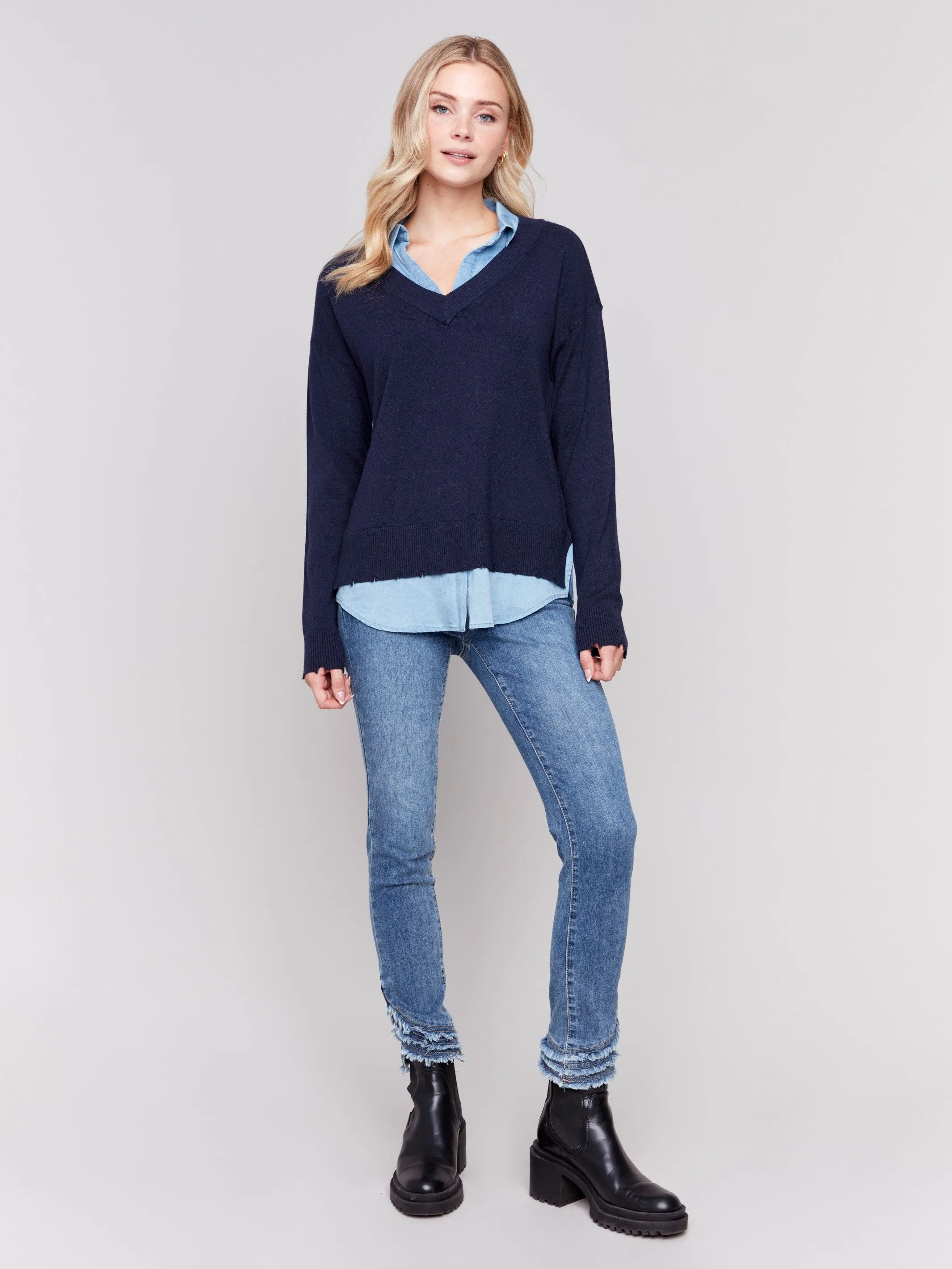 V-Neck Fooler Sweater with Shirt Collar - Navy