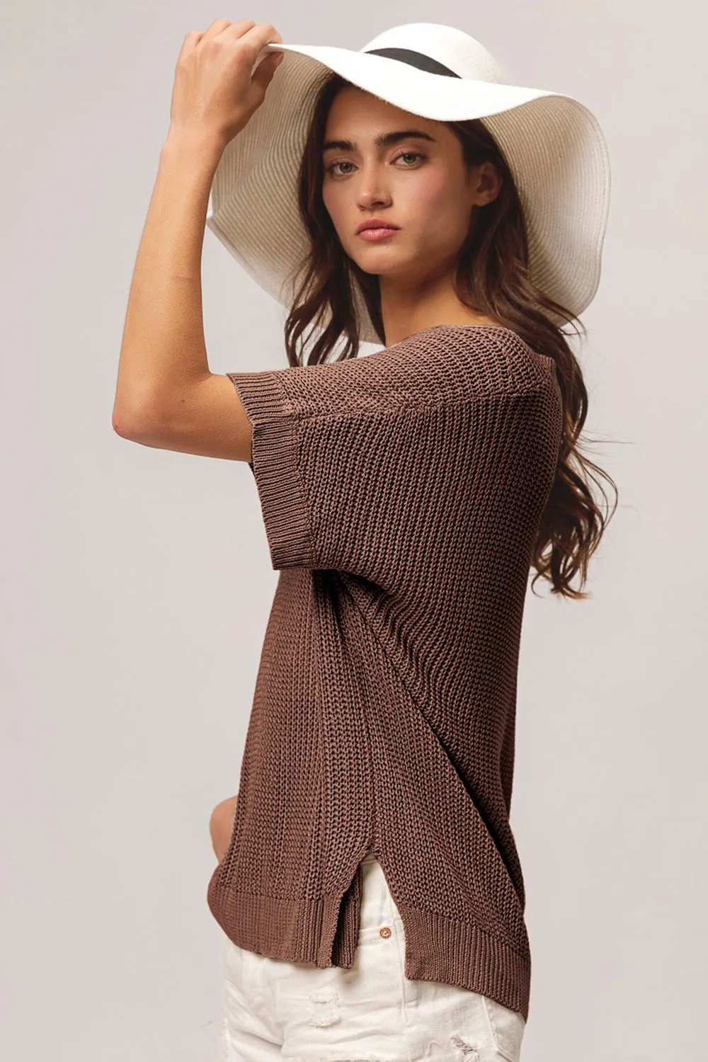 V-Neck Slit Short Sleeve Sweater