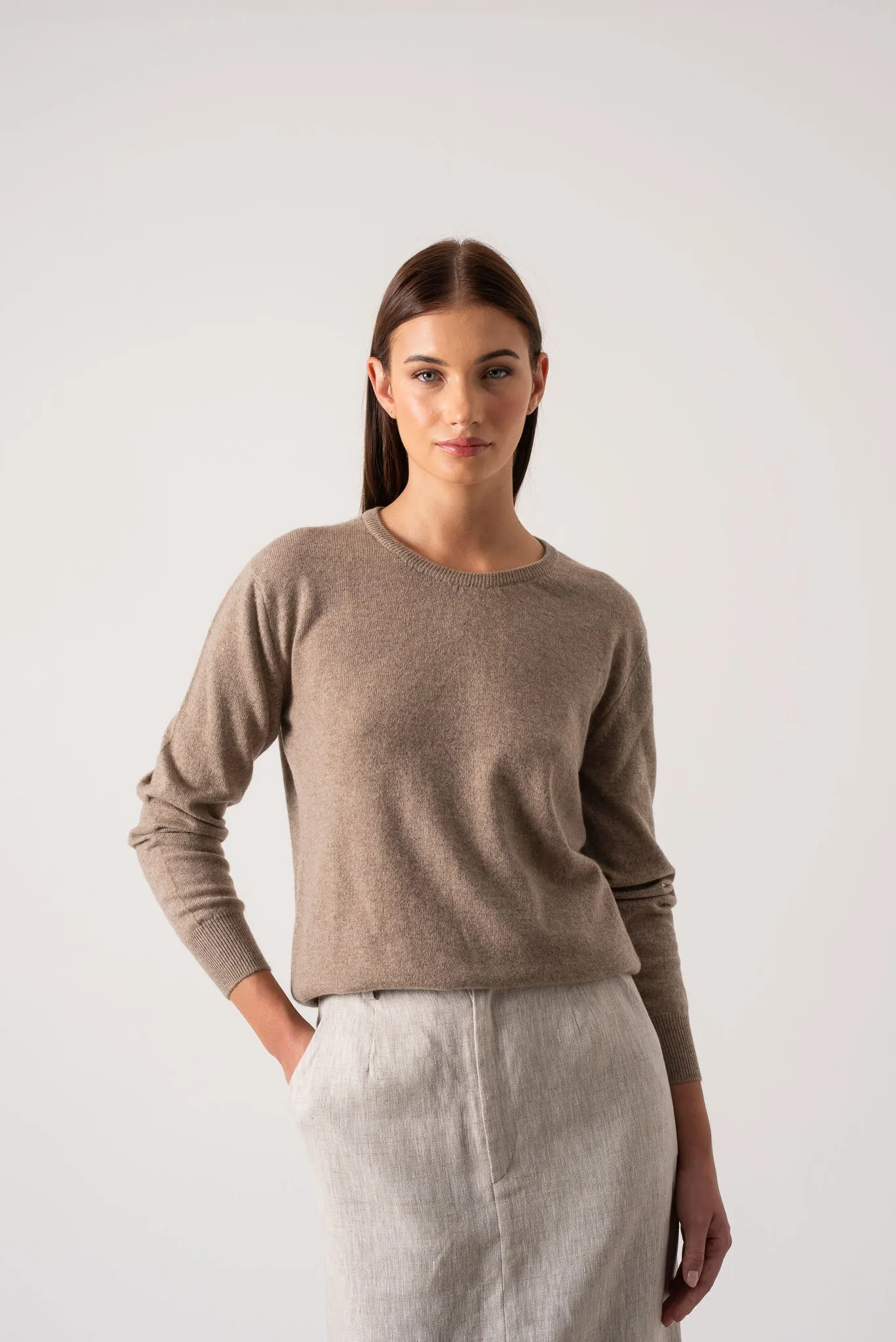 Velare Crewneck 100% Cashmere Sweater Taupe