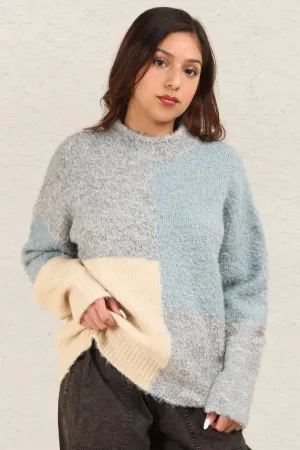 VERY J Sweater Woolen Blend Color Block Mock Neck Basic Style