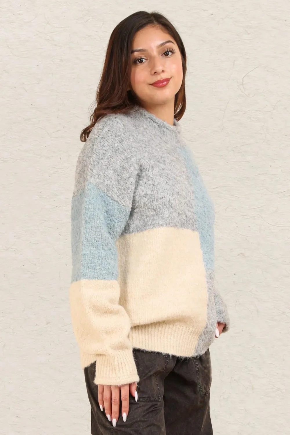 VERY J Sweater Woolen Blend Color Block Mock Neck Basic Style