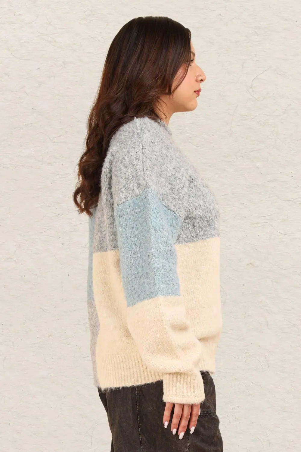 VERY J Sweater Woolen Blend Color Block Mock Neck Basic Style