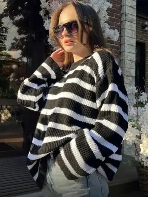 Wenkouban-Christmas Thanksgiving outfits_Casual Elegant Striped Cozy Oversize Autumnal Gray Fashionable Sweater