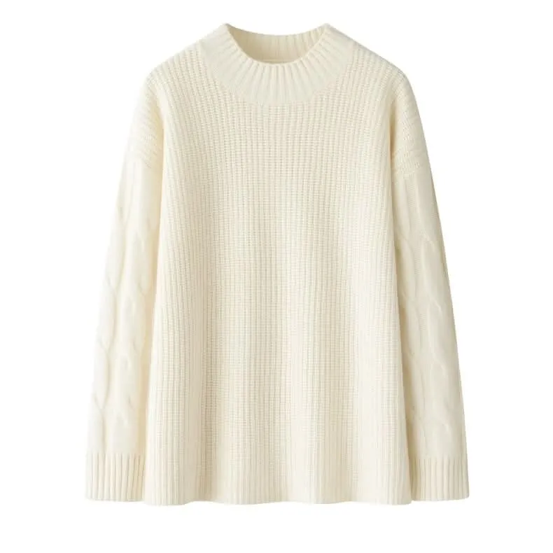 White crew neck cable knit cashmere sweater