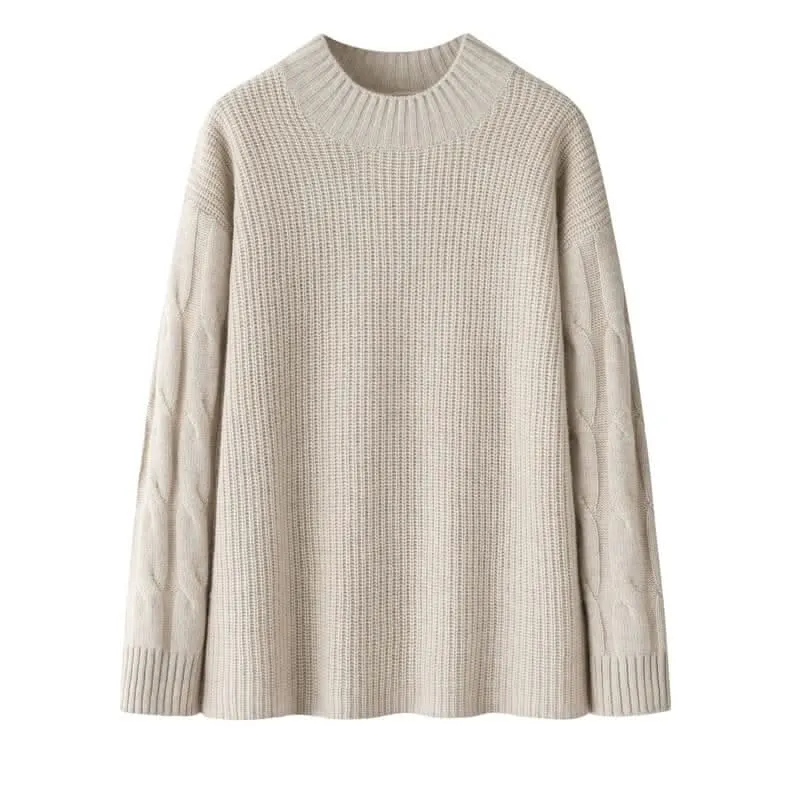 White crew neck cable knit cashmere sweater