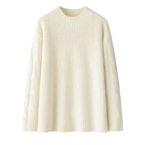 White crew neck cable knit cashmere sweater