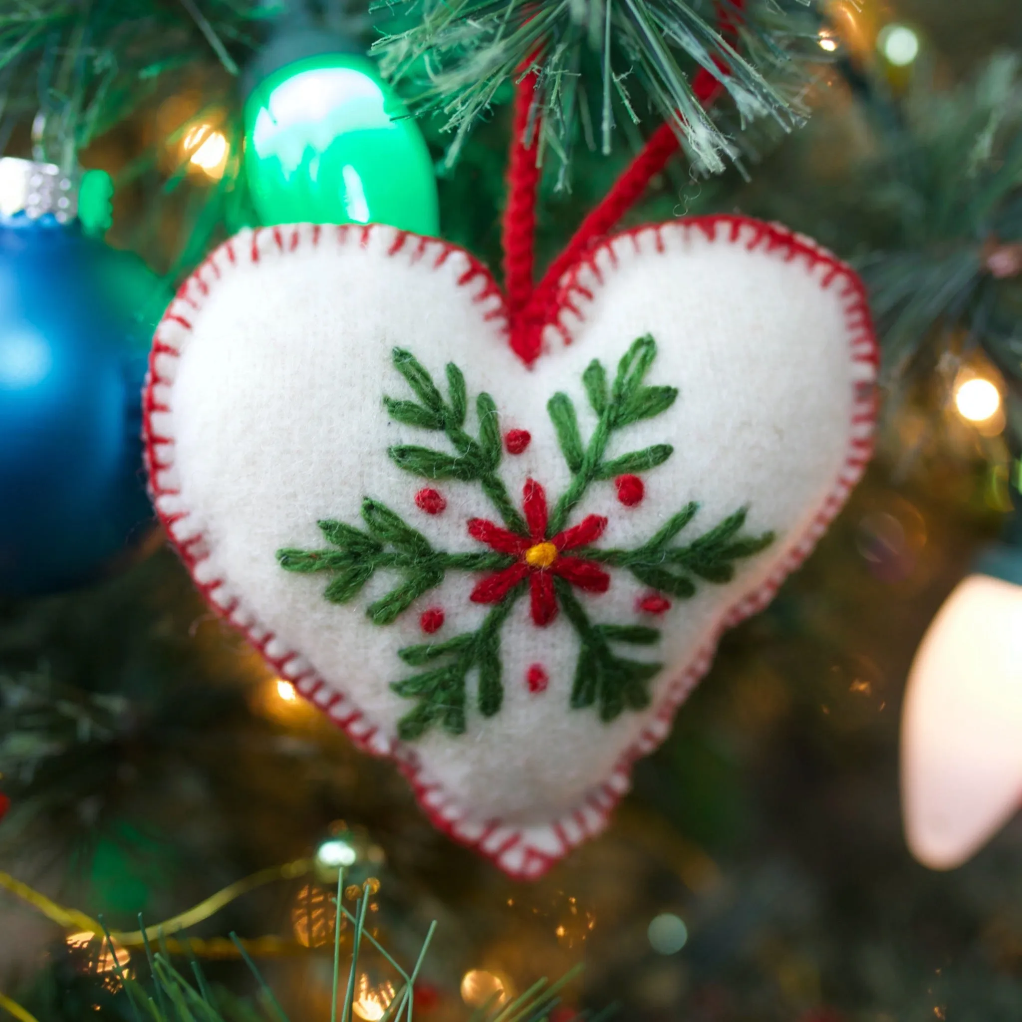 White Heart Ornament, Embroidered Wool