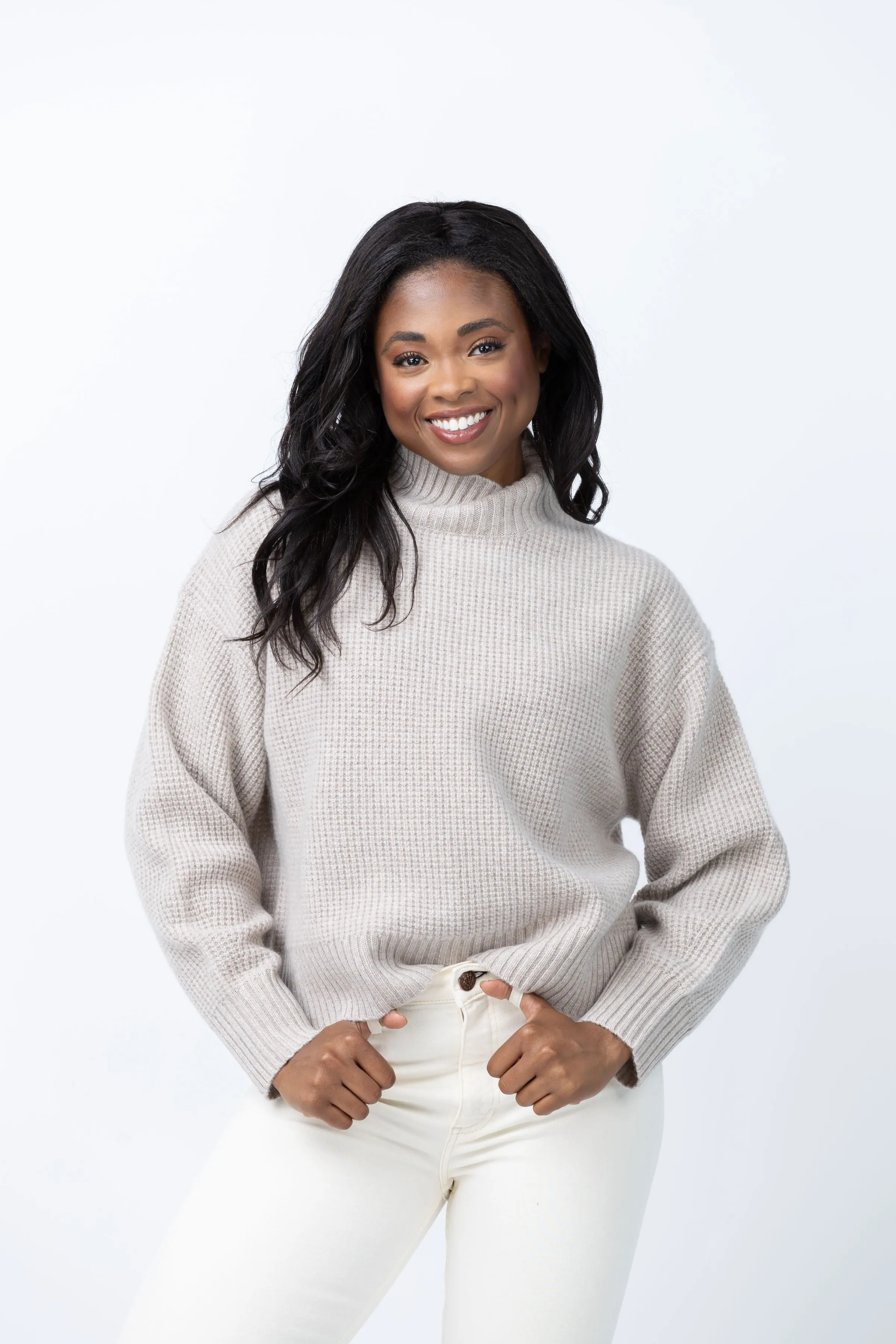 White   Warren Cashmere Waffle Standneck in Sandwisp Heather