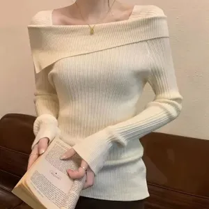 Women Off Shoulder Knit Sweater Long Sleeve*