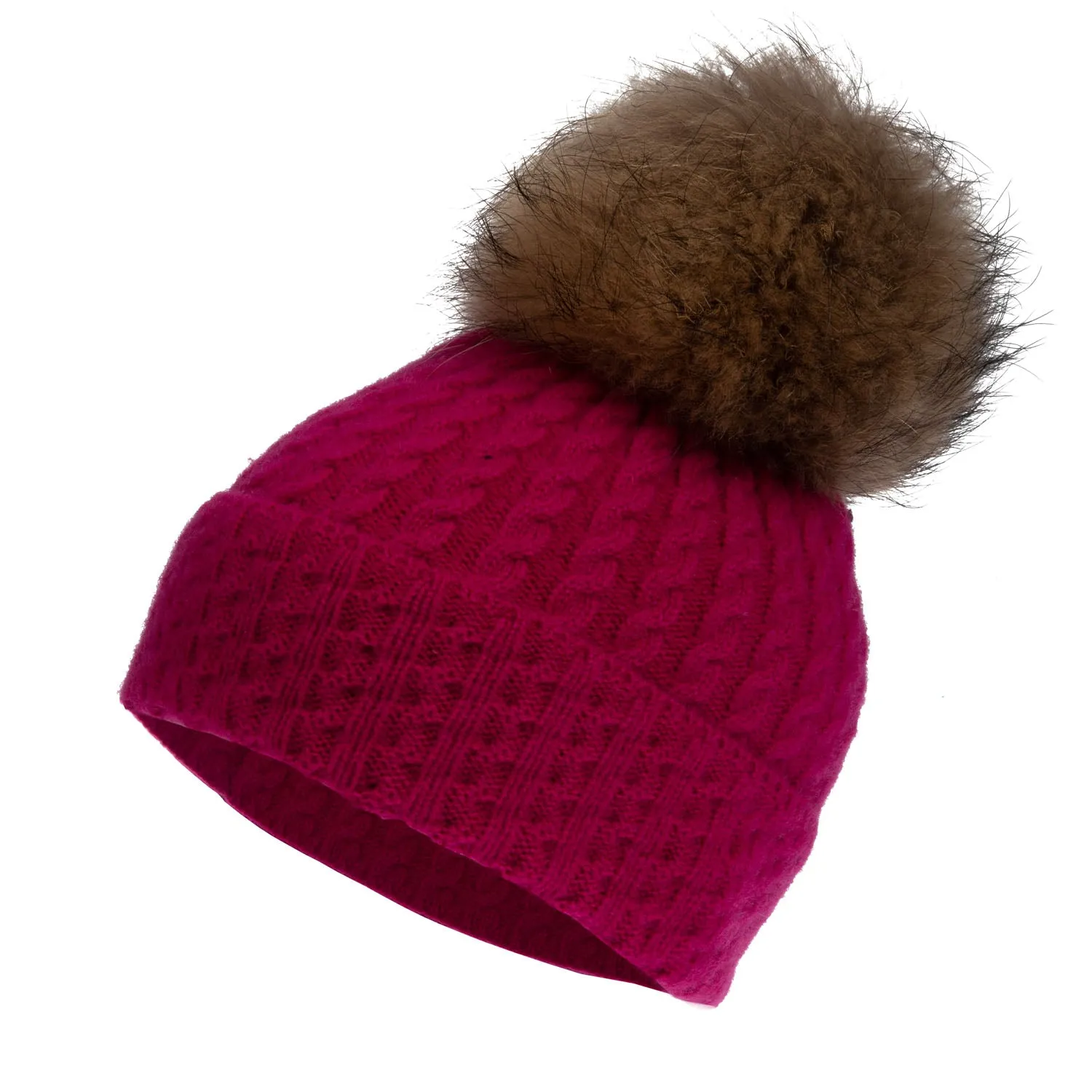 Women's Cable Cashmere Pom Pom Hat  Fuschia