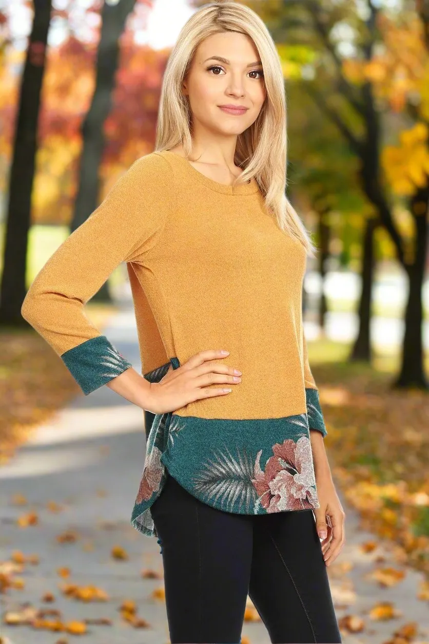 Womens Fall Yellow Green Sweater, 3/4 Sleeve Cozy Shirt, Plus Sizes 1xl/2xl/3xl, Yellow/Green