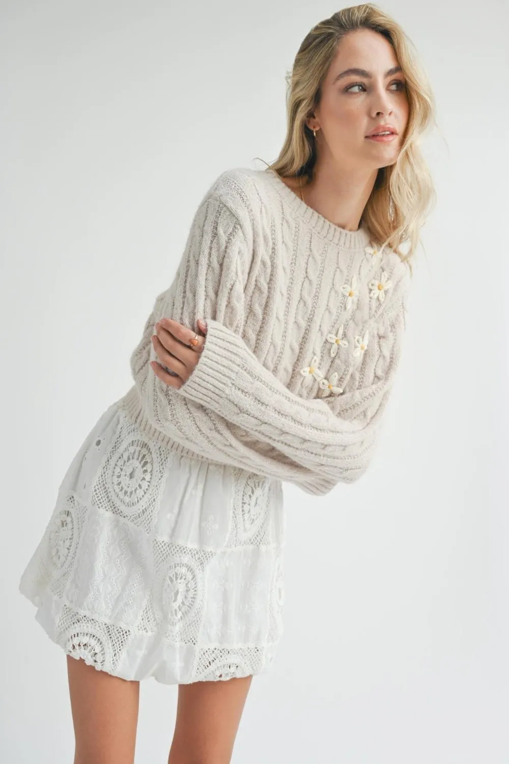 Women's Hand Embroidered Daisy Cable Knit Sweater Top | Natural Ivory