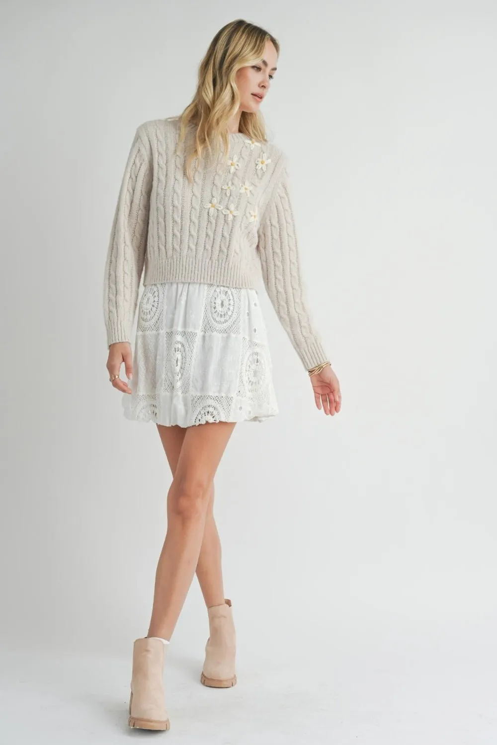 Women's Hand Embroidered Daisy Cable Knit Sweater Top | Natural Ivory