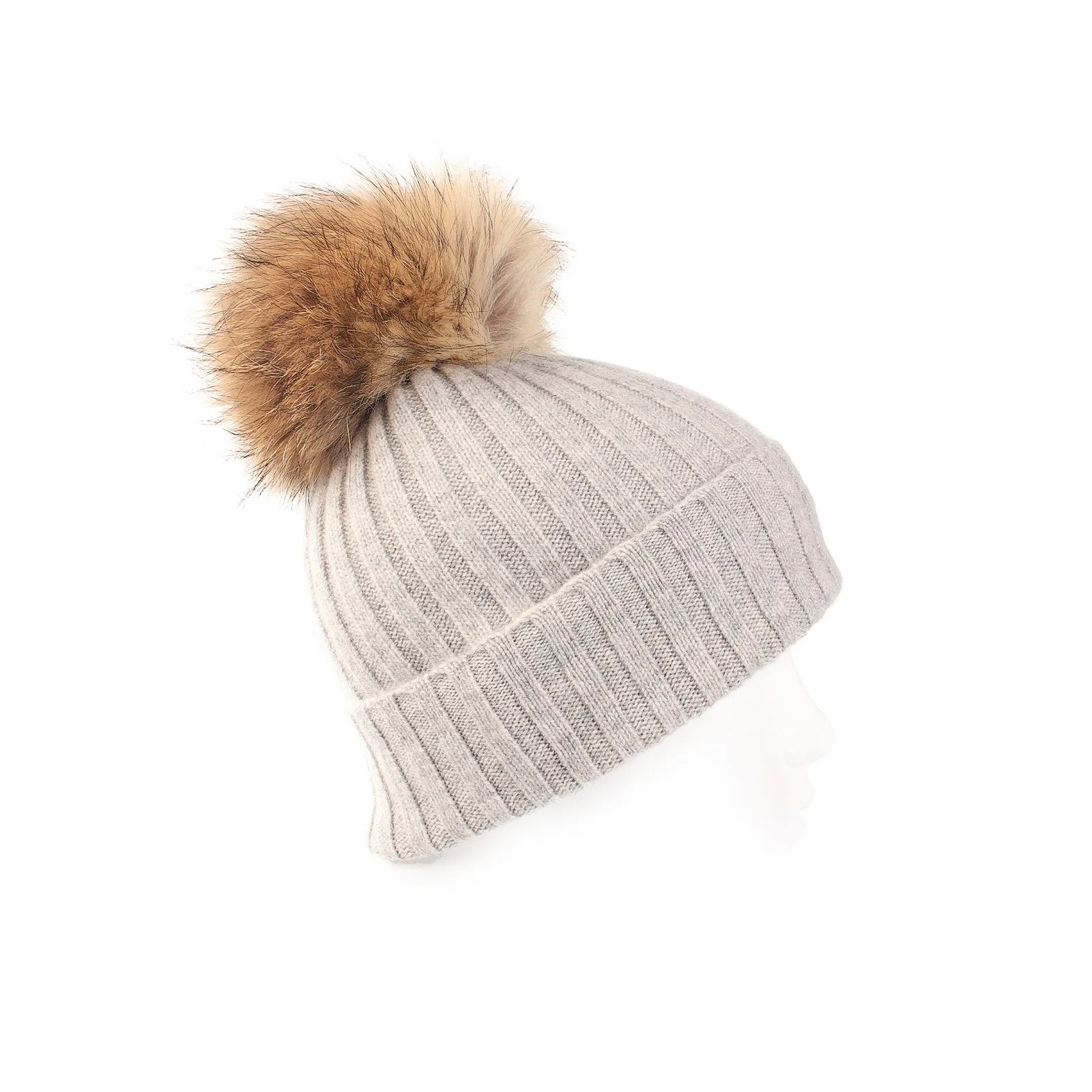 Women's Rib Cashmere Pom Pom Hat  Oyster Grey