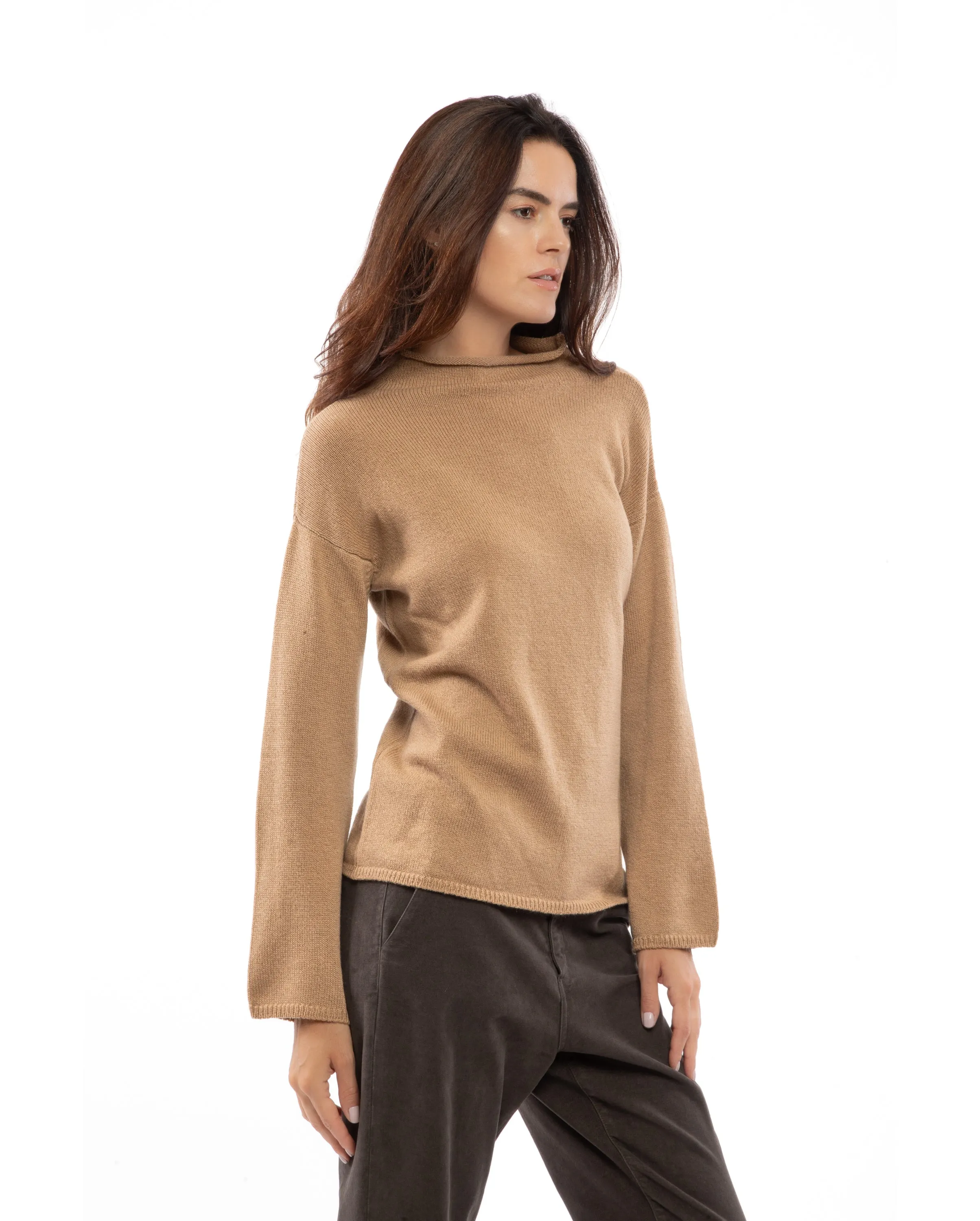 Women's Woold & Cashmere Wide Funnel Neck Sweater Camel